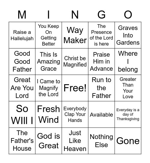 Worship/Gospel MINGO Bingo Card