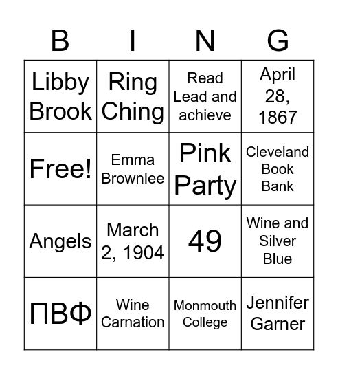 Bid Day Bingo Card