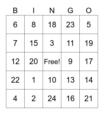 Addition 0-12 Bingo Card