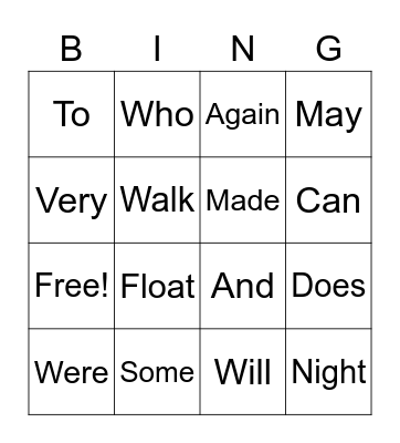 Sight Words Bingo Card