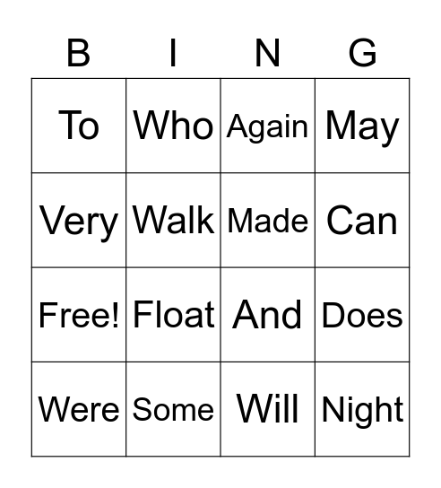 Sight Words Bingo Card