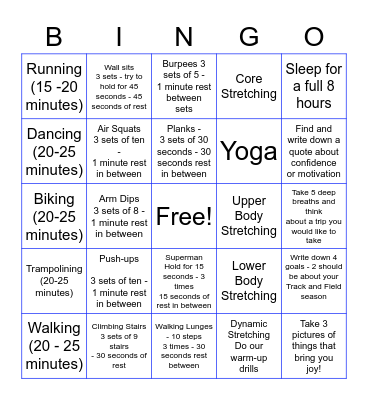 Spring Break Workout Bingo Card