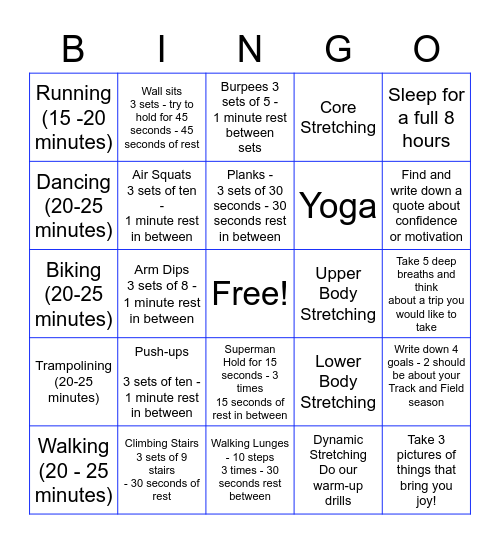 Spring Break Workout Bingo Card