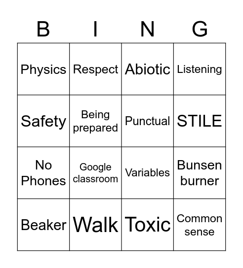 Class expectations/science vocabulary Bingo Card