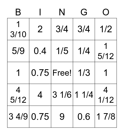 Fraction Bingo Card