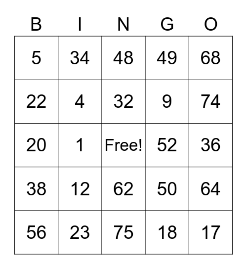 Number Bingo 1-75 Bingo Card