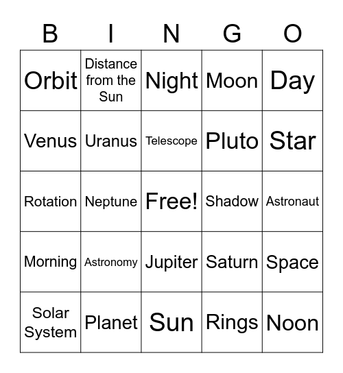 The Solar System Bingo Card