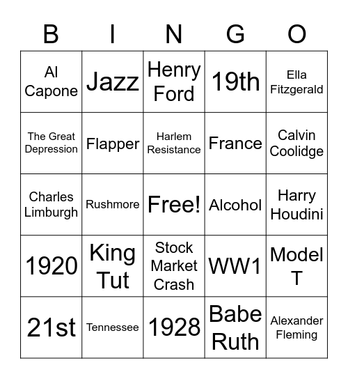 The Roaring 20's Bingo Card