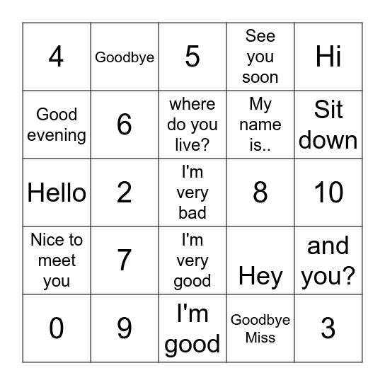 Nombres 0-10 and Greetings Bingo Card