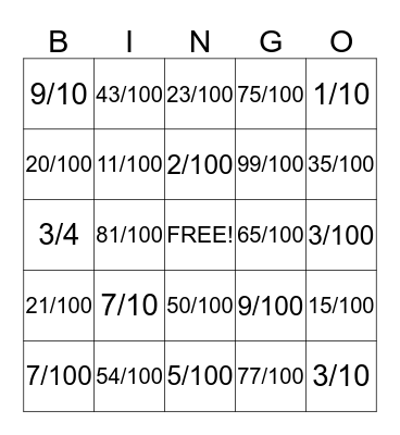 Decimals & Fractions Bingo Card