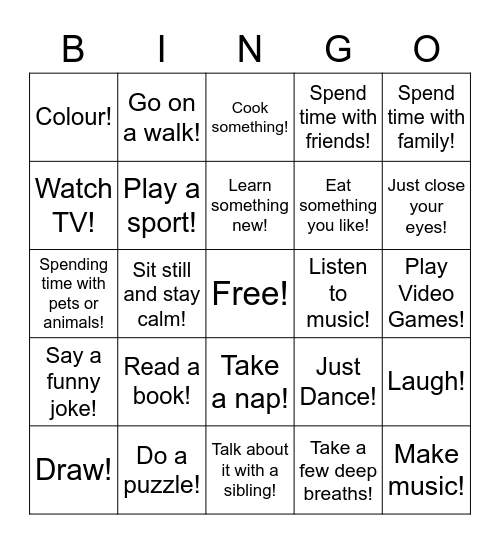 What do we do when we are stressed? Bingo Card