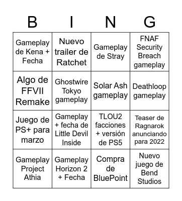 State of Play Bingo Card