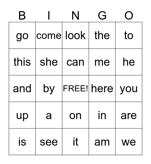 Kindergarten Words Bingo Card