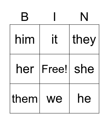 Pronoun Bingo Card