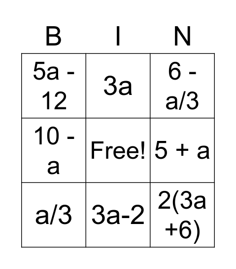 Algebraic Expressions Bingo Card