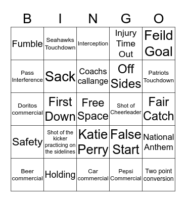 Super Bowl Bingo Card