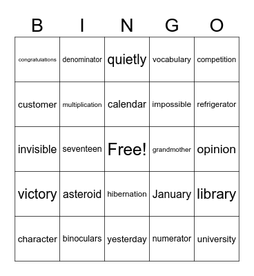 Multisyllabic Words Bingo Card