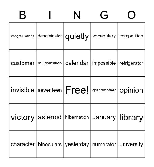 Multisyllabic Words Bingo Card