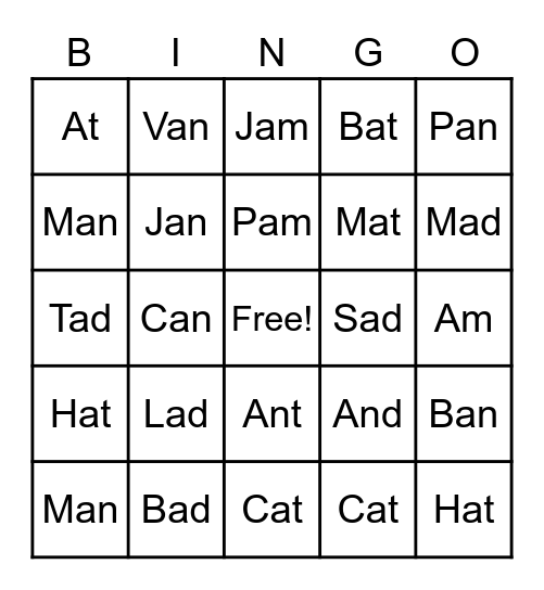 Short “A” Bingo Card