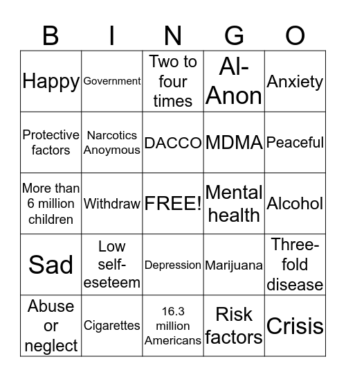 Substance Use Bingo Card