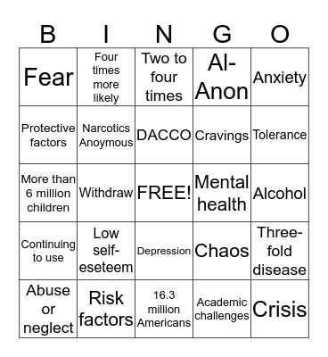 Substance Use Bingo Card