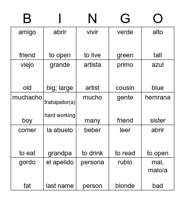 Spanish Bingo Card