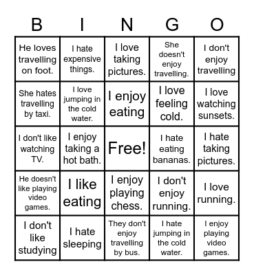 I like/enjoy/hate + ing verbs Bingo Card