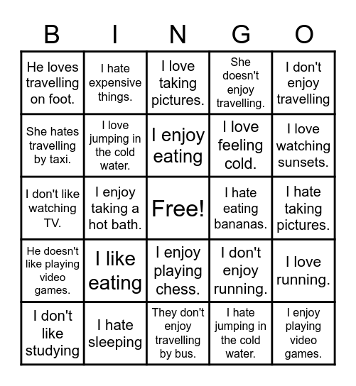 I like/enjoy/hate + ing verbs Bingo Card