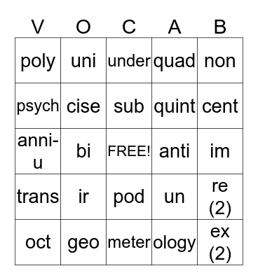 Vocabulary 1-16 Bingo Card