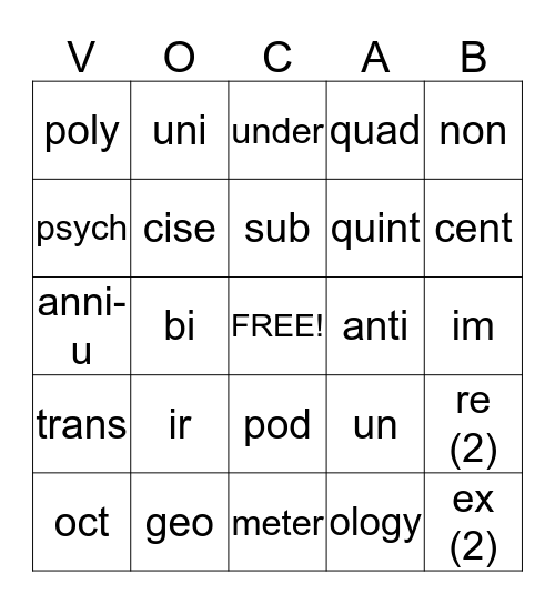 Vocabulary 1-16 Bingo Card