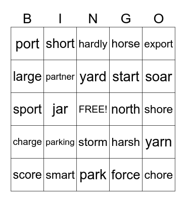 OR, AR, OAR, ORE Vowels Bingo Card