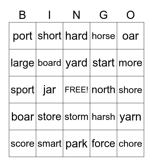 OR, AR, OAR, ORE Vowels Bingo Card