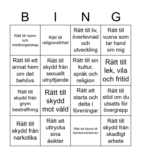 Hitta en sak som är kopplat till en rättighet Bingo Card