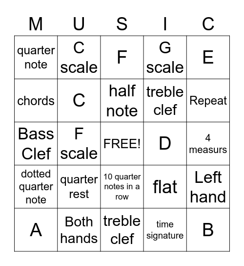 Notes, Rhythms, and Staff Bingo Card