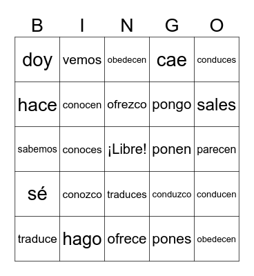 Irregular "yo" verbs Bingo Card