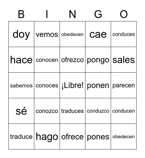 Irregular "yo" verbs Bingo Card