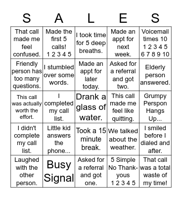 Sales Calls Bingo Card