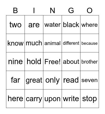 Sight Word Bingo Card