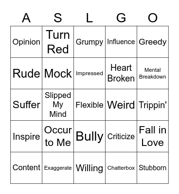 Let's Talk About Our Feelings List 6 Bingo Card