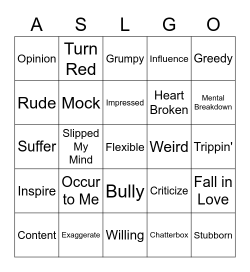Let's Talk About Our Feelings List 6 Bingo Card