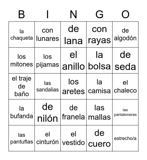 La ropa Bingo Card