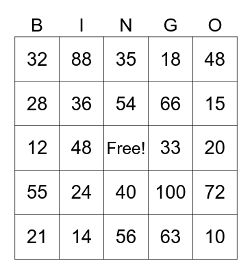 Multiplication Facts Bingo Card