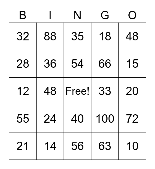 Multiplication Facts Bingo Card