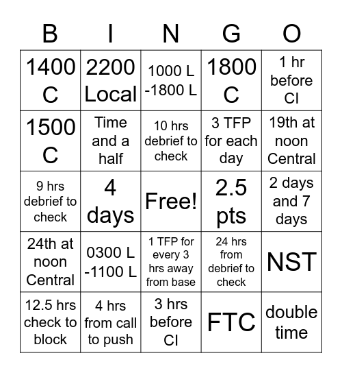 Crew Scheduling Contract Bingo Card