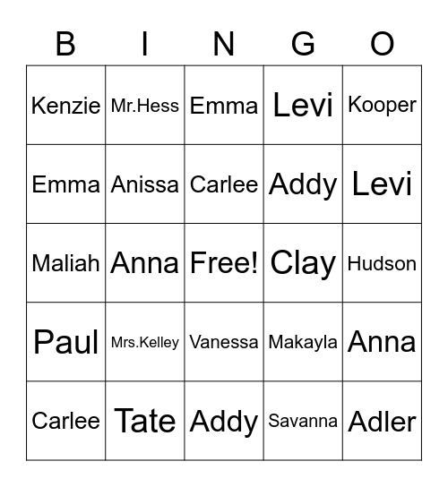 Classmates Bingo Card