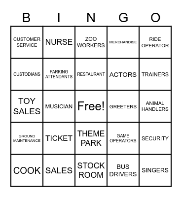 AMUSEMENT PARK JOBS Bingo Card