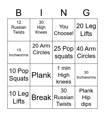 Bingo Warm-Up Bingo Card