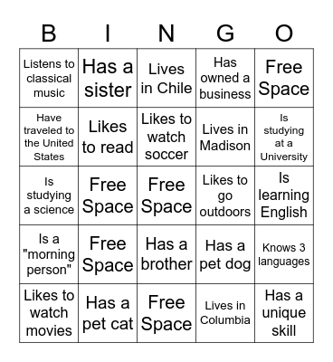 Get to Know Your Classmates Bingo Card