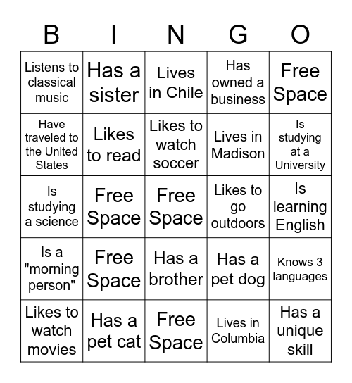 Get to Know Your Classmates Bingo Card