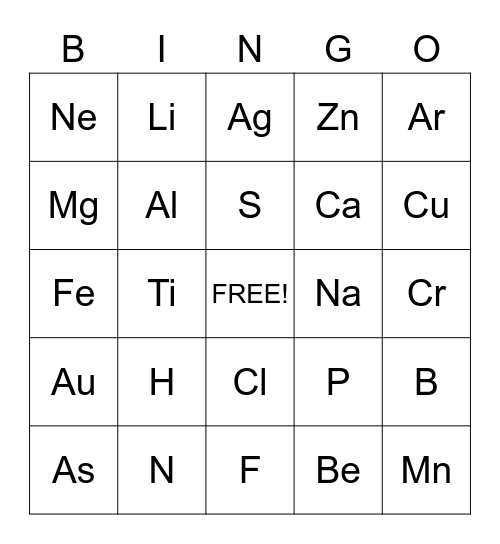 Periodic Table Bingo Card